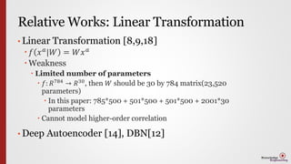 Relative Works: Linear Transformation
• Linear Transformation [8,9,18]
 𝑓 𝑥 𝑎|𝑊 = 𝑊𝑥 𝑎
 Weakness
 Limited number of parameters
 𝑓: 𝑅784 → 𝑅30, then 𝑊 should be 30 by 784 matrix(23,520
parameters)
 In this paper: 785*500 + 501*500 + 501*500 + 2001*30
parameters
 Cannot model higher-order correlation
• Deep Autoencoder [14], DBN[12]
 