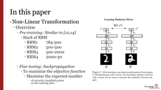 In this paper
• Non-Linear Transformation
 Overview
 Pre-training: Similar to [12,14]
 Stack of RBM
 RBM1 784-500
 RBM2 500-500
 RBM3 500-2000
 RBM4 2000-30
 Fine-tuning: backpropagation
 To maximize the objective function
 Maximize the expected number
 of correctly classified points
on the training data
 