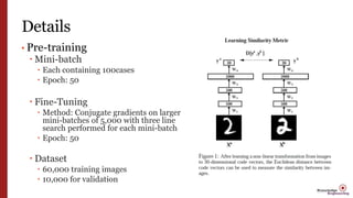 Details
• Pre-training
 Mini-batch
 Each containing 100cases
 Epoch: 50
 Fine-Tuning
 Method: Conjugate gradients on larger
mini-batches of 5,000 with three line
search performed for each mini-batch
 Epoch: 50
 Dataset
 60,000 training images
 10,000 for validation
 