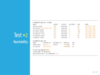 $kubectlgetpo-owide
NAME READY STATUS RESTARTS AGE NODE
alpine-sleep 1/1 Running 2 2h 192.168.1.102
k8s-master-192.168.1.102 4/4 Running 3 4h 192.168.1.102
my-nginx-afadx 1/1 Running 0 19m 192.168.1.100
my-nginx-e5coa 1/1 Running 0 19m 192.168.1.101
my-nginx2-68r7o 1/1 Running 0 6m 192.168.1.101
my-nginx2-pviak 1/1 Running 0 6m 192.168.1.100
raspbian-sleep 1/1 Running 2 2h 192.168.1.102
$kubectlgetsvc
NAME CLUSTER-IP EXTERNAL-IP PORT(S) AGE
kubernetes 10.0.0.1 <none> 443/TCP 3d
my-nginx2 10.0.0.138 8300/TCP 6m
$curlmy-nginx2:8300
<p>WELCOMETONGINX</p>
HypriotOS/armv7:pirate@node1in~
33 / 37
Test #2
Reachability
 