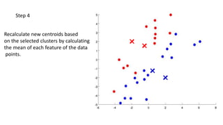 Step 4
Recalculate new centroids based
on the selected clusters by calculating
the mean of each feature of the data
points.
 