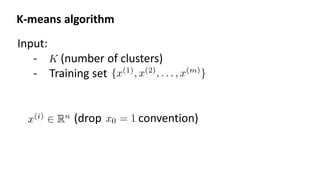 Input:
- (number of clusters)
- Training set
(drop convention)
K-means algorithm
 