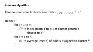 Randomly initialize cluster centroids
K-means algorithm
Repeat {
for = 1 to
:= index (from 1 to ) of cluster centroid
closest to
for = 1 to
:= average (mean) of points assigned to cluster
}
 