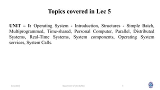 Topics covered in Lec 5
6/11/2023 Department of CSE (AI/ML) 5
UNIT – I: Operating System - Introduction, Structures - Simple Batch,
Multiprogrammed, Time-shared, Personal Computer, Parallel, Distributed
Systems, Real-Time Systems, System components, Operating System
services, System Calls.
 