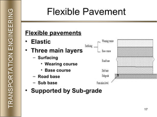 17
Flexible Pavement
Flexible pavements
• Elastic
• Three main layers
– Surfacing
• Wearing course
• Base course
– Road base
– Sub base
• Supported by Sub-grade
 