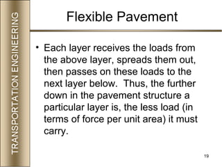 19
Flexible Pavement
• Each layer receives the loads from
the above layer, spreads them out,
then passes on these loads to the
next layer below. Thus, the further
down in the pavement structure a
particular layer is, the less load (in
terms of force per unit area) it must
carry.
 