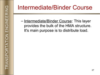 27
– Intermediate/Binder Course: This layer
provides the bulk of the HMA structure.
It's main purpose is to distribute load.
Intermediate/Binder Course
 