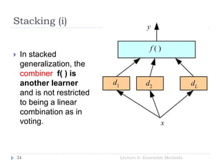 Stacking (i)
Lecture 6: Ensemble Methods24
 In stacked
generalization, the
combiner f( ) is
another learner
and is not restricted
to being a linear
combination as in
voting.
 