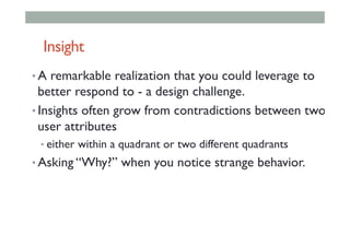 Insight
• A remarkable realization that you could leverage to
better respond to - a design challenge.
• Insights often grow from contradictions between two
user attributes
• either within a quadrant or two different quadrants
• Asking “Why?” when you notice strange behavior.
 