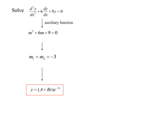 Solve 0962
2
y
dx
dy
dx
yd
auxiliary function
0962
mm
321 mm
x
eBxAy 3
)(
 