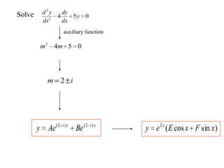 Solve 0542
2
y
dx
dy
dx
yd
auxiliary function
0542
mm
im 2
xixi
BeAey )2()2(
)sincos(2
xFxEey x
 