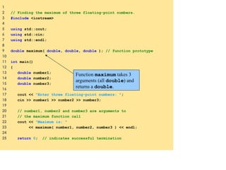 1
2 // Finding the maximum of three floating-point numbers.
3 #include <iostream>
4
5 using std::cout;
6 using std::cin;
7 using std::endl;
8
9 double maximum( double, double, double ); // function prototype
10
11 int main()
12 {
13 double number1;
14 double number2;
15 double number3;
16
17 cout << "Enter three floating-point numbers: ";
18 cin >> number1 >> number2 >> number3;
19
20 // number1, number2 and number3 are arguments to
21 // the maximum function call
22 cout << "Maximum is: "
23 << maximum( number1, number2, number3 ) << endl;
24
25 return 0; // indicates successful termination
Function maximum takes 3
arguments (all double) and
returns a double.
 