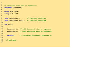 1
2 // Functions that take no arguments.
3 #include <iostream>
4
5 using std::cout;
6 using std::endl;
7
8 void function1(); // function prototype
9 void function2( void ); // function prototype
10
11 int main()
12 {
13 function1(); // call function1 with no arguments
14 function2(); // call function2 with no arguments
15
16 return 0; // indicates successful termination
17
18 } // end main
19
 