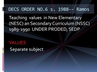 DECS ORDER NO.6 s. 1988-- Ramos
Teaching values in New Elementary
(NESC) an Secondary Curriculum (NSSC)
1989-1990 UNDER PRODED, SEDP

VALUES
Separate subject
 