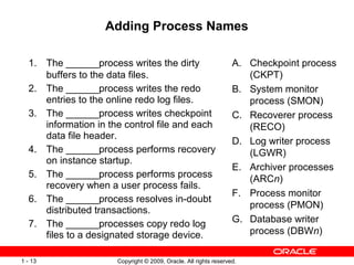 Copyright © 2009, Oracle. All rights reserved.1 - 13
Adding Process Names
1. The ______process writes the dirty
buffers to the data files.
2. The ______process writes the redo
entries to the online redo log files.
3. The ______process writes checkpoint
information in the control file and each
data file header.
4. The ______process performs recovery
on instance startup.
5. The ______process performs process
recovery when a user process fails.
6. The ______process resolves in-doubt
distributed transactions.
7. The ______processes copy redo log
files to a designated storage device.
A. Checkpoint process
(CKPT)
B. System monitor
process (SMON)
C. Recoverer process
(RECO)
D. Log writer process
(LGWR)
E. Archiver processes
(ARCn)
F. Process monitor
process (PMON)
G. Database writer
process (DBWn)
 