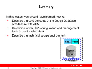 Copyright © 2009, Oracle. All rights reserved.1 - 29
Summary
In this lesson, you should have learned how to:
• Describe the core concepts of the Oracle Database
architecture with ASM
• Determine which DBA configuration and management
tools to use for which task
• Describe the technical course environment
orcl +asm
DATA
FRA
Enterprise Manager
Command line
 