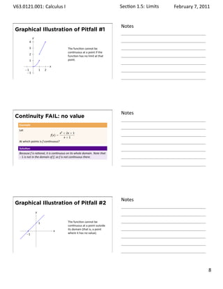 .   V63.0121.001: Calculus I
    .                                                                              Sec on 1.5:. Limits   February 7, 2011


                                                                                   Notes
        Graphical Illustration of Pitfall #1
                     y
                 4
                 3                                  The func on cannot be
                                                    con nuous at a point if the
                 2
                                                    func on has no limit at that
                 1                                  point.
                     .               x
               −1            1   2
                −1
    .
                                                                                   .




                                                                                   Notes
        Continuity FAIL: no value
         Example
         Let
                                              x2 + 2x + 1
                                     f(x) =
                                                 x+1
         At which points is f con nuous?

         Solu on
         Because f is ra onal, it is con nuous on its whole domain. Note that
         −1 is not in the domain of f, so f is not con nuous there.

    .
                                                                                   .




                                                                                   Notes
        Graphical Illustration of Pitfall #2
                         y


                             1                      The func on cannot be
                                                    con nuous at a point outside
                         .               x          its domain (that is, a point
               −1                                   where it has no value).




    .
                                                                                   .

                                                                                                                     . 8
.
 