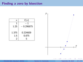 Finding a zero by bisection

                                                        y

                 x           f (x)
                 1            −1
              1.25        − 0.296875

            1.375          0.224609
              1.5            0.875
                2              5

                                                                                     x




 V63.0121.041, Calculus I (NYU)        Section 1.5 Continuity   September 20, 2010       37 / 47
 