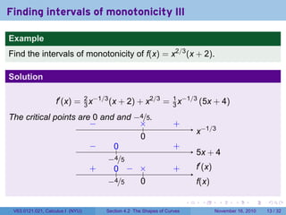 . . . . . .
Finding intervals of monotonicity III
Example
Find the intervals of monotonicity of f(x) = x2/3
(x + 2).
Solution
f′
(x) = 2
3 x−1/3
(x + 2) + x2/3
= 1
3 x−1/3
(5x + 4)
The critical points are 0 and and −4/5.
.. x−1/3..
0
.×.− . +.
5x + 4
..
−4/5
.
0
.
−
.
+
.
f′
(x)
.
f(x)
..
−4/5
.
0
..
0
.
×
..
+
..
−
..
+
V63.0121.021, Calculus I (NYU) Section 4.2 The Shapes of Curves November 16, 2010 13 / 32
 