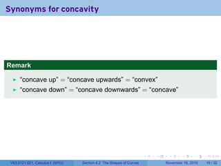 . . . . . .
Synonyms for concavity
Remark
“concave up” = “concave upwards” = “convex”
“concave down” = “concave downwards” = “concave”
V63.0121.021, Calculus I (NYU) Section 4.2 The Shapes of Curves November 16, 2010 19 / 32
 