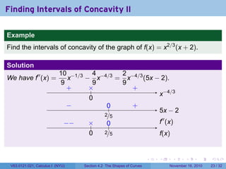 . . . . . .
Finding Intervals of Concavity II
Example
Find the intervals of concavity of the graph of f(x) = x2/3
(x + 2).
Solution
We have f′′
(x) =
10
9
x−1/3
−
4
9
x−4/3
=
2
9
x−4/3
(5x − 2).
.. x−4/3..
0
.×.+ . +.
5x − 2
..
2/5
.
0
.
−
.
+
.
f′′
(x)
.
f(x)
..
2/5
.
0
..
0
.
×
..
−−
V63.0121.021, Calculus I (NYU) Section 4.2 The Shapes of Curves November 16, 2010 23 / 32
 