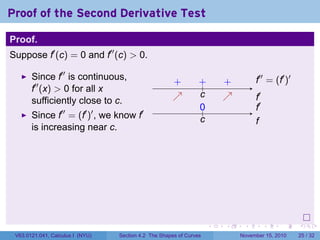 . . . . . .
Proof of the Second Derivative Test
Proof.
Suppose f′
(c) = 0 and f′′
(c) > 0.
Since f′′
is continuous,
f′′
(x) > 0 for all x
sufficiently close to c.
Since f′′
= (f′
)′
, we know f′
is increasing near c.
..
f′′
= (f′
)′
.
f′
...
c
.+..+ .. +.
↗
.
↗
.
f′
.
f
...
c
.
0
V63.0121.041, Calculus I (NYU) Section 4.2 The Shapes of Curves November 15, 2010 25 / 32
 