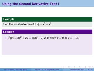 . . . . . .
Using the Second Derivative Test I
Example
Find the local extrema of f(x) = x3
+ x2
.
Solution
f′
(x) = 3x2
+ 2x = x(3x + 2) is 0 when x = 0 or x = −2/3.
V63.0121.041, Calculus I (NYU) Section 4.2 The Shapes of Curves November 15, 2010 26 / 32
 