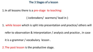 1.In all lessons there is a pre-stage to teaching:
( icebreakers/ warmers/ lead in )
1. while lesson which is split into presentation and practice/ others will
refer to observation & interpretation / analysis and practice , in case
it is a grammar / vocabulary lesson .
2.The post lesson is the productive stage.
 