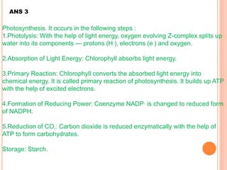 ANS 3
Photosynthesis. It occurs in the following steps :
1.Photolysis: With the help of light energy, oxygen evolving Z-complex splits up
water into its components — protons (H+), electrons (e–) and oxygen.
2.Absorption of Light Energy: Chlorophyll absorbs light energy.
3.Primary Reaction: Chlorophyll converts the absorbed light energy into
chemical energy. It is called primary reaction of photosynthesis. It builds up ATP
with the help of excited electrons.
4.Formation of Reducing Power: Coenzyme NADP+ is changed to reduced form
of NADPH.
5.Reduction of CO2: Carbon dioxide is reduced enzymatically with the help of
ATP to form carbohydrates.
Storage: Starch.
 