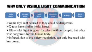 Why only Visible Light Communication
Radio
Waves
Infrared
Rays
Visible
Rays
Ultraviolet
Rays
X- Rays
Gama
Rays
Gama rays cant be used as they could be dangerous.
X-rays have similar health issues.
Ultraviolet light is good for place without people, but other
wise dangerous for the human body.
Infrared, due to eye safety regulation, can only bse used with
low power.
 