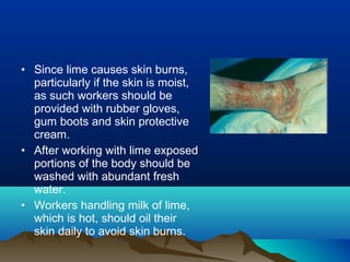 • Since lime causes skin burns,
particularly if the skin is moist,
as such workers should be
provided with rubber gloves,
gum boots and skin protective
cream.
• After working with lime exposed
portions of the body should be
washed with abundant fresh
water.
• Workers handling milk of lime,
which is hot, should oil their
skin daily to avoid skin burns.
 