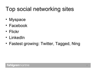 Top social networking sites Myspace Facebook Flickr LinkedIn Fastest growing: Twitter, Tagged, Ning 