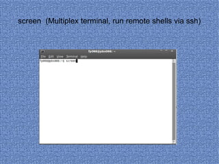 screen  (Multiplex terminal, run remote shells via ssh) 