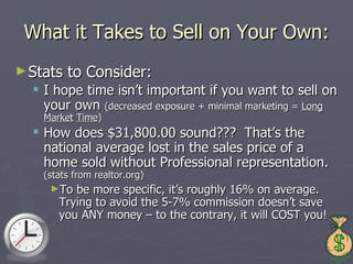 What it Takes to Sell on Your Own: Stats to Consider: I hope time isn’t important if you want to sell on your own  (decreased exposure + minimal marketing =  Long   Market   Time ) How does $31,800.00 sound???  That’s the national average lost in the sales price of a home sold without Professional representation.  (stats from realtor.org) To be more specific, it’s roughly 16% on average.  Trying to avoid the 5-7% commission doesn’t save you ANY money – to the contrary, it will COST you!  