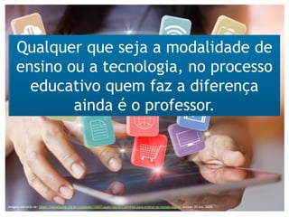 Imagem extraída de: https://novaescola.org.br/conteudo/15057/quais-sao-os-caminhos-para-ensinar-no-mundo-digital. Acesso: 20 out. 2020.
Qualquer que seja a modalidade de
ensino ou a tecnologia, no processo
educativo quem faz a diferença
ainda é o professor.
 