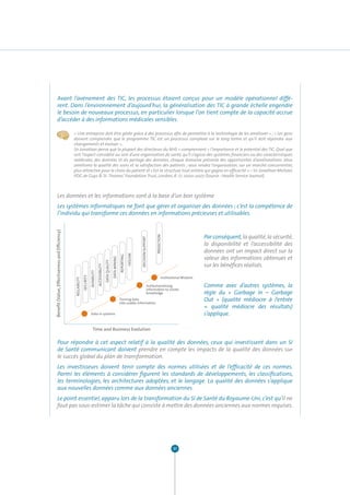 Avant l’avènement des TIC, les processus étaient conçus pour un modèle opérationnel diffé-
                rent. Dans l’environnement d’aujourd’hui, la généralisation des TIC à grande échelle engendre
                le besoin de nouveaux processus, en particulier lorsque l’on tient compte de la capacité accrue
                d’accéder à des informations médicales sensibles.

                                                « Une entreprise doit être gérée grâce à des processus afin de permettre à la technologie de les améliorer » ; « Les gens
                                                doivent comprendre que le programme TIC est un processus complexe sur le long terme et qu’il doit répondre aux
                                                changements et évoluer ».
                                                Sir Jonathan pense que la plupart des directeurs du NHS « comprennent » l’importance et le potentiel des TIC. Quel que
                                                soit l’aspect considéré au sein d’une organisation de santé, qu’il s’agisse des systèmes financiers ou des caractéristiques
                                                médicales, des données et du partage des données, chaque domaine présente des opportunités d’améliorations. Vous
                                                améliorez la qualité des soins et la satisfaction des patients ; vous rendez l’organisation, sur un marché concurrentiel,
                                                plus attractive pour le choix du patient et c’est la structure tout entière qui gagne en efficacité » – Sir Jonathan Michael,
                                                PDG de Guys & St. Thomas’ Foundation Trust, Londres, R.-U. 2000-2007 (Source : Health Service Journal).



                Les données et les informations sont à la base d’un bon système
                Les systèmes informatiques ne font que gérer et organiser des données ; c’est la compétence de
                l’individu qui transforme ces données en informations précieuses et utilisables.
Benefit (Value, Effectiveness and Efficiency)




                                                                                                                                                                                                         Par conséquent, la qualité, la sécurité,
                                                                                                                                                                           PREDICTION
                                                                                                                                                        DECISION SUPPORT




                                                                                                                                                                                                         la disponibilité et l’accessibilité des
                                                                                                                                                                                                         données ont un impact direct sur la
                                                                                                                                               HOLISM




                                                                                                                                                                                                         valeur des informations obtenues et
                                                                                                                                   REPORTING
                                                                                                                     DATA MINING
                                                                                                      DATA QUALITY




                                                                                                                                                                                                         sur les bénéfices réalisés.
                                                                                      ACCESSIBILITY
                                                                         AVIABILITY




                                                                                                                                                                                  Institutional Wisdom
                                                              SECURITY
                                                RELLABILITY




                                                                                                                                                                     Institutionalising                  Comme avec d’autres systèmes, la
                                                                                                                                                                     information to create
                                                                                                                                                                     knowledge                           règle du « Garbage In – Garbage
                                                                                                                                   Turning data
                                                                                                                                   into usable information
                                                                                                                                                                                                         Out » (qualité médiocre à l’entrée
                                                                                                                                                                                                         = qualité médiocre des résultats)
                                                                           Data in systems                                                                                                               s’applique.

                                                                             Time and Business Evolution

                Pour répondre à cet aspect relatif à la qualité des données, ceux qui investissent dans un SI
                de Santé communicant doivent prendre en compte les impacts de la qualité des données sur
                le succès global du plan de transformation.
                Les investisseurs doivent tenir compte des normes utilisées et de l’efficacité de ces normes.
                Parmi les éléments à considérer figurent les standards de développements, les classifications,
                les terminologies, les architectures adoptées, et le langage. La qualité des données s’applique
                aux nouvelles données comme aux données anciennes.
                Le point essentiel, apparu lors de la transformation du SI de Santé du Royaume-Uni, c’est qu’il ne
                faut pas sous-estimer la tâche qui consiste à mettre des données anciennes aux normes requises.




                                                                                                                                                                                         31
 