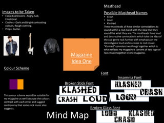 Mind Map
Masthead
Possible Masthead Names
• Crash
• Loud
• Klashed
These mastheads all have similar connotations to
sound within a rock band with the idea that they
sound like what they are. The mastheads have loud
and destructive connotations which take the idea of
the sub genre rock further with emphasis on the
stereotypical loud and craziness to rock music.
“Klashed” connotes two things together which is
what reflects my magazine’s content of two type of
rock music together in one magazine.
Colour Scheme
Magazine
Idea One
This colour scheme would be suitable for
my magazine as well because the colours
contrast with each other and suggest
controversy that some rock music also
suggests.
Images to be Taken
• Facial Expressions- Angry, Sad,
Emotional
• Clothes –Dark and Bright contrasting
colours, Rough clothing.
• Props- Guitar,
Insomnia Font
Broken Stick Font
Broken Glass Font
Font
 