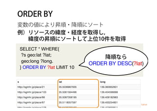 ORDER BY
変数の値により昇順・降順にソート
SELECT * WHERE{
?s geo:lat ?lat;
geo:long ?long.
} ORDER BY ?lat LIMIT 10
例）リソースの緯度・経度を取得し，
  緯度の昇順にソートして上位10件を取得
降順なら
ORDER BY DESC(?lat)
 