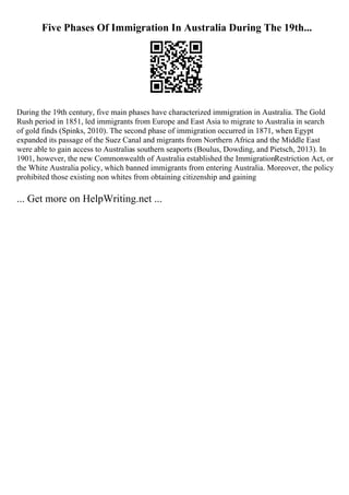 Five Phases Of Immigration In Australia During The 19th...
During the 19th century, five main phases have characterized immigration in Australia. The Gold
Rush period in 1851, led immigrants from Europe and East Asia to migrate to Australia in search
of gold finds (Spinks, 2010). The second phase of immigration occurred in 1871, when Egypt
expanded its passage of the Suez Canal and migrants from Northern Africa and the Middle East
were able to gain access to Australias southern seaports (Boulus, Dowding, and Pietsch, 2013). In
1901, however, the new Commonwealth of Australia established the ImmigrationRestriction Act, or
the White Australia policy, which banned immigrants from entering Australia. Moreover, the policy
prohibited those existing non whites from obtaining citizenship and gaining
... Get more on HelpWriting.net ...
 