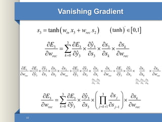 Vanishing Gradient
10
3
3 3 3 3
0 3 3
ˆ
ˆ
k
krec k rec
E E y s s
w y s s w
    
   
    

 3 3 2tanh in recs w x w s 
3 2 3 2 1
2 1 2 1 0
3 3 3 3 2 3 3 3 1 3 3 3 0
3 3 2 3 3 1 3 3 0
ˆ ˆ ˆ
ˆ ˆ ˆrec rec rec rec
s s s s s
s s s s s
E E y s s E y s s E y s s
w y s s w y s s w y s s w
    
  
    
            
           
            
33
3 3 3
0 13 3 1
ˆ
ˆ
j k
k j krec j rec
sE E y s
w y s s w   
    
          
 
   
'
tanh 0,1
 