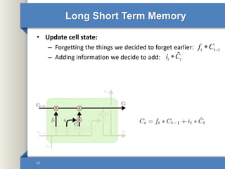 Long Short Term Memory
• Update cell state:
– Forgetting the things we decided to forget earlier:
– Adding information we decide to add:
20
1t tf C 
t ti C
 