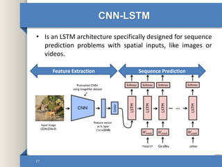 CNN-LSTM
• Is an LSTM architecture specifically designed for sequence
prediction problems with spatial inputs, like images or
videos.
27
Feature Extraction Sequence Prediction
 