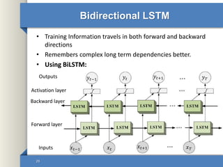 Bidirectional LSTM
• Training Information travels in both forward and backward
directions
• Remembers complex long term dependencies better.
• Using BiLSTM:
29
𝑦𝑡−1 𝑦𝑡 𝑦𝑡+1 𝑦 𝑇
𝑥 𝑡−1 𝑥 𝑡
𝑥 𝑡+1 𝑥 𝑇
Outputs
Activation layer
Backward layer
Forward layer
Inputs
 