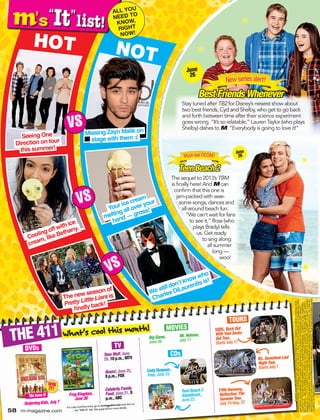 Wehave5!
Wehave3!
Wehave5!
Wehave5!
HOT
“
It”
list!
VS
NOT
ALL YOU
NEED TO
KNOW,
RIGHT
NOW!
WIN
IT!
The new season of
Pretty Little Liars is
finally back!
THE 411 What’s cool this month!
DVDs
For rules and free entry, go to m-magazine.com and click on
the “Win It” tab. See page 83 for more details.
TV
TOURS
MOVIES
CDs
VS
PHOTOS:MAIN,CLOCKWISE:DANIELLYNCH/EYEVINE/REDUX;COURTESYOFDISNEYCHANNEL/BOB
D’AMICO;COURTESYOFUNIVERSALPICTURES;HOTORNOT.LTOR.TOTOB:COURTESYOFCOLUMBIARECORDS/
MATTIRWIN;JASONMERRITT/GETTYIMAGES;SPLASHNEWS(2);COURTESYOFINSTAGRAM;GETTYIMAGES;
COURTESYOFYOUTUBE;FRAZERHARRISON/GETTYIMAGESFORIHEARTMEDIA;COURTESYOFABCFAMILY/ERIC
MCCANDLESS;;ERICMCCANDLESS/ABCFAMILYVIAGETTYIMAGES;COURTESYOFPBSKIDS;JAMIEMCCARTHY/
FILMMAGIC;411,LTOR:COURTESYOFANCHORBAY;COURTESYOFLIONSGATE;COURTESYOFDISNEYCHANNEL;
COURTESYOFCODYSIMPSON;CHELSEALAUREN/WIREIMAGE;KEVINWINTER/GETTYIMAGESFOR102.7KIISFM
WANGOTANGO;STEVEJENNINGS/WIREIMAGE;R5:MICAHSMITH;COURTESYOFHOLLYWOODRECORDS;INSIDE:
COURTESYOFDISNEYPIXAR
We still don’t know who
Charles DiLaurentis is!
FrogKingdom,
June30
UnderdogKids,July7
Your ice cream
melting all over your
hand — gross!
Seeing One
Direction on tour
this summer!
Missing Zayn Malik on
stage with them :(
Cooling off with ice
cream, like Bethany.
5SOS,RockOut
WithYourSocks
OutTour,
StartsJuly17
FifthHarmony,
Reflection:The
SummerTour,
July15-Aug.27
TeenBeach2
Soundtrack,
June23
BigGame,
June26
Mr.Holmes,
July17
CodySimpson,
Free,June23
TeenWolf,June
29,10p.m.,MTV
Boom!,June25,
8p.m.,FOX
CelebrityFamily
Feud,June21,8
p.m.,ABC
R5,SometimeLast
NightTour,
StartsJuly7
Stay tuned after TB2 for Disney’s newest show about
two best friends, Cyd and Shelby, who get to go back
and forth between time after their science experiment
goes wrong. “It’s so relatable,” Lauren Taylor (who plays
Shelby) dishes to M. “Everybody is going to love it!”
VS
58 m-magazine.com
Must-seeDCOM!
TeenBeach2
The sequel to 2013’s TBM
is finally here! And M can
confirm that this one is
jam-packed with awe-
some songs, dances and
all-around beach fun.
“We can’t wait for fans
to see it,” Ross (who
plays Brady) tells
us. Get ready
to sing along
all summer
long —
woo!
June
26
Newseriesalert!
June
26
BestFriendsWhenever
 