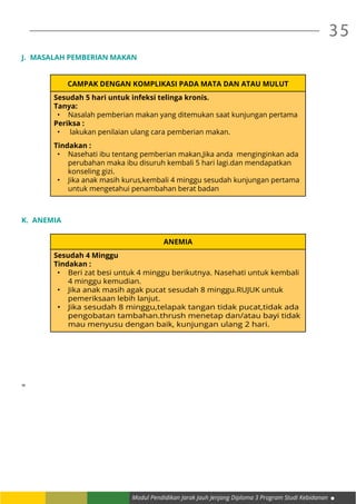 Modul Pendidikan Jarak Jauh Jenjang Diploma 3 Program Studi Kebidanan
35
J.	 MASALAH PEMBERIAN MAKAN
CAMPAK DENGAN KOMPLIKASI PADA MATA DAN ATAU MULUT
Sesudah 5 hari untuk infeksi telinga kronis.
Tanya:
•	 Nasalah pemberian makan yang ditemukan saat kunjungan pertama
Periksa :
•	 lakukan penilaian ulang cara pemberian makan.
Tindakan :
•	 Nasehati ibu tentang pemberian makan,Jika anda menginginkan ada
perubahan maka ibu disuruh kembali 5 hari lagi.dan mendapatkan
konseling gizi.
•	 Jika anak masih kurus,kembali 4 minggu sesudah kunjungan pertama
untuk mengetahui penambahan berat badan
K.	 ANEMIA
ANEMIA
Sesudah 4 Minggu
Tindakan :
•	 Beri zat besi untuk 4 minggu berikutnya. Nasehati untuk kembali
4 minggu kemudian.
•	 Jika anak masih agak pucat sesudah 8 minggu.RUJUK untuk
pemeriksaan lebih lanjut.
•	 Jika sesudah 8 minggu,telapak tangan tidak pucat,tidak ada
pengobatan tambahan.thrush menetap dan/atau bayi tidak
mau menyusu dengan baik, kunjungan ulang 2 hari.
=
 