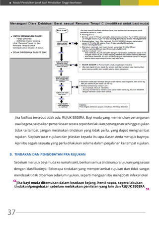 Modul Pendidikan Jarak Jauh Pendidikan Tinggi Kesehatan
37
Jika fasilitas tersebut tidak ada, RUJUK SEGERA. Bayi muda yang memerlukan penanganan
awal segera, selesaikan pemeriksaan secara cepat dan lakukan penanganan sehingga rujukan
tidak terlambat. Jangan melakukan tindakan yang tidak perlu, yang dapat menghambat
rujukan. Siapkan surat rujukan dan jelaskan kepada ibu apa alasan Anda merujuk bayinya.
Ajari ibu segala sesuatu yang perlu dilakukan selama dalam perjalanan ke tempat rujukan.
B.	 TINDAKAN DAN PENGOBATAN PRA RUJUKAN
Sebelum merujuk bayi muda ke rumah sakit, berikan semua tindakan prarujukan yang sesuai
dengan klasifikasinya. Beberapa tindakan yang memperlambat rujukan dan tidak sangat
mendesak tidak diberikan sebelum rujukan, seperti mengajari ibu mengobati infeksi lokal
Jika bayi muda ditemukan dalam keadaan kejang, henti napas, segera lakukan
tindakan/pengobatan sebelum melakukan penilaian yang lain dan RUJUK SEGERA
“ “
 