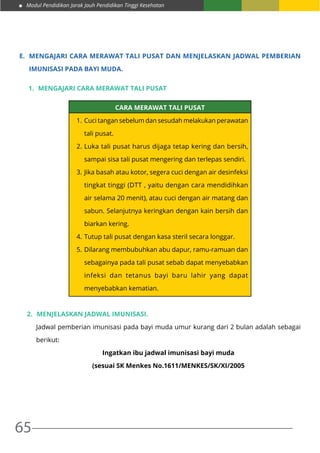 Modul Pendidikan Jarak Jauh Pendidikan Tinggi Kesehatan
65
E.	 MENGAJARI CARA MERAWAT TALI PUSAT DAN MENJELASKAN JADWAL PEMBERIAN
IMUNISASI PADA BAYI MUDA.
1.	 Mengajari cara merawat tali pusat
CARA MERAWAT TALI PUSAT
1.	Cuci tangan sebelum dan sesudah melakukan perawatan
tali pusat.
2.	Luka tali pusat harus dijaga tetap kering dan bersih,
sampai sisa tali pusat mengering dan terlepas sendiri.
3.	Jika basah atau kotor, segera cuci dengan air desinfeksi
tingkat tinggi (DTT , yaitu dengan cara mendidihkan
air selama 20 menit), atau cuci dengan air matang dan
sabun. Selanjutnya keringkan dengan kain bersih dan
biarkan kering.
4.	Tutup tali pusat dengan kasa steril secara longgar.
5.	Dilarang membubuhkan abu dapur, ramu-ramuan dan
sebagainya pada tali pusat sebab dapat menyebabkan
infeksi dan tetanus bayi baru lahir yang dapat
menyebabkan kematian.
C
2.	 Menjelaskan jadwal imunisasi.
Jadwal pemberian imunisasi pada bayi muda umur kurang dari 2 bulan adalah sebagai
berikut:
Ingatkan ibu jadwal imunisasi bayi muda
(sesuai SK Menkes No.1611/MENKES/SK/XI/2005
 