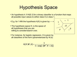 Hypothesis Space An hypothesis h: X  [0,1] for a binary classifier is a function that maps all possible input values to either class 0 or class 1. E.g. for 1-NN the hypothesis h(X) is given by: The hypothesis space H, is the space of  all hypotheses that you are  willing to consider/search over. For instance, for logistic regression, H is given by all classifiers of the form (parameterized by W,b): 1 0 0 1 1 