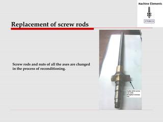 Replacement of screw rods 
Screw rods and nuts of all the axes are changed 
in the process of reconditioning. 
 