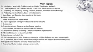 Main Topics:
1) Introduction: what is ML; Problems, data, and tools; Visualization; Matlab(I).
2) Linear regression; SSE; gradient descent; closed form; normal equations; features
• Overfitting and complexity; training, validation, test data, and introduction to Matlab (II).
3) Probability and classification, Bayes optimal decisions
Naive Bayes and Gaussian class-conditional distribution
4) Linear classifiers
Bayes' Rule and Naive Bayes Model
5) Logistic regression, online gradient descent, Neural Networks
Decision tree
6) Ensemble methods: Bagging, random forests, boosting
A more detailed discussion on Decision Tree and Boosting
7) Unsupervised learning: clustering, k-means, hierarchical agglomeration
8) Advanced discussion on clustering and EM
9) Latent space methods; PCA.
10) Text representations; naive Bayes and multinomial models; clustering and latent space models.
11) VC-dimension, structural risk minimization; margin methods and support vector machines (SVM).
12)Support vector machines and large-margin classifiers.
Time series; Markov models; autoregressive models.
 